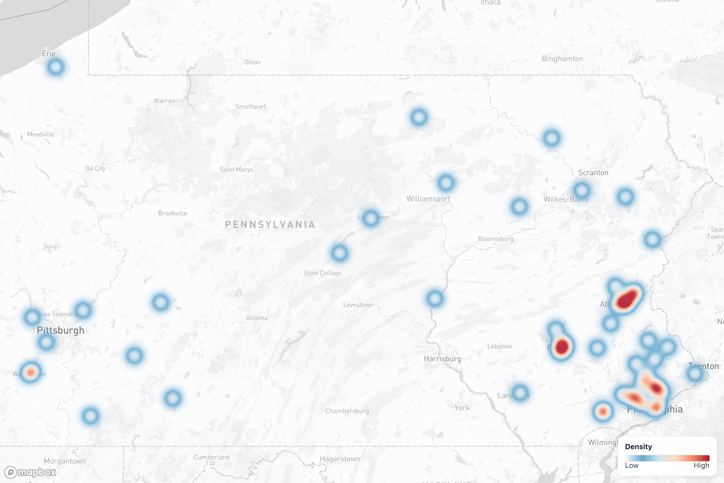 Projects heat map in Pennsylvania